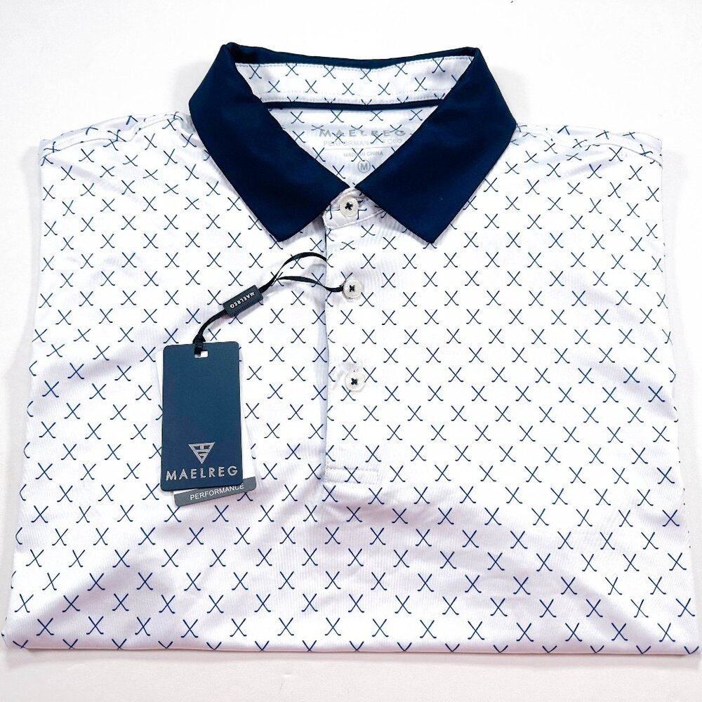 Maelreg M Men's All Over Golf Club Print Short Sleeve Golf Polo White Navy NEW
